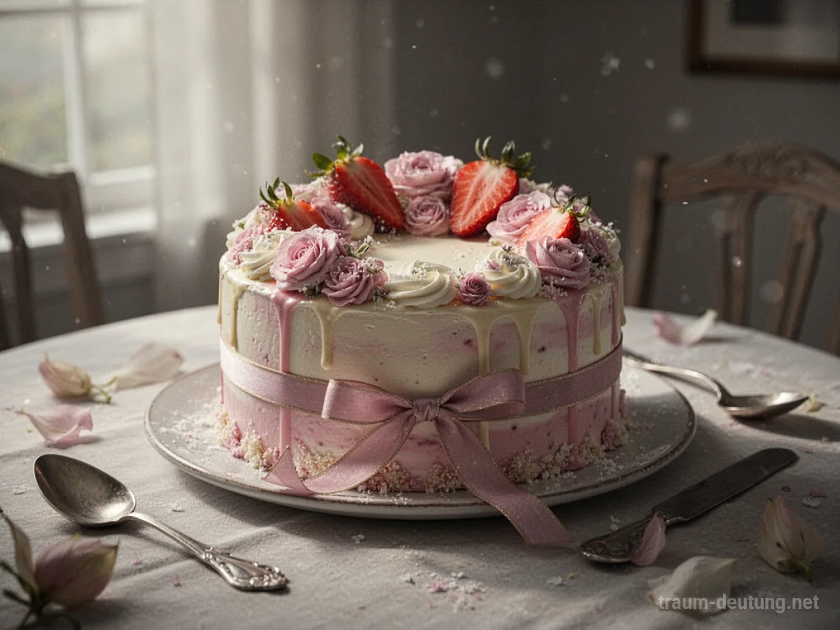 Ein kunstvoll verzierter Kuchen als Geschenk auf einem Tisch.