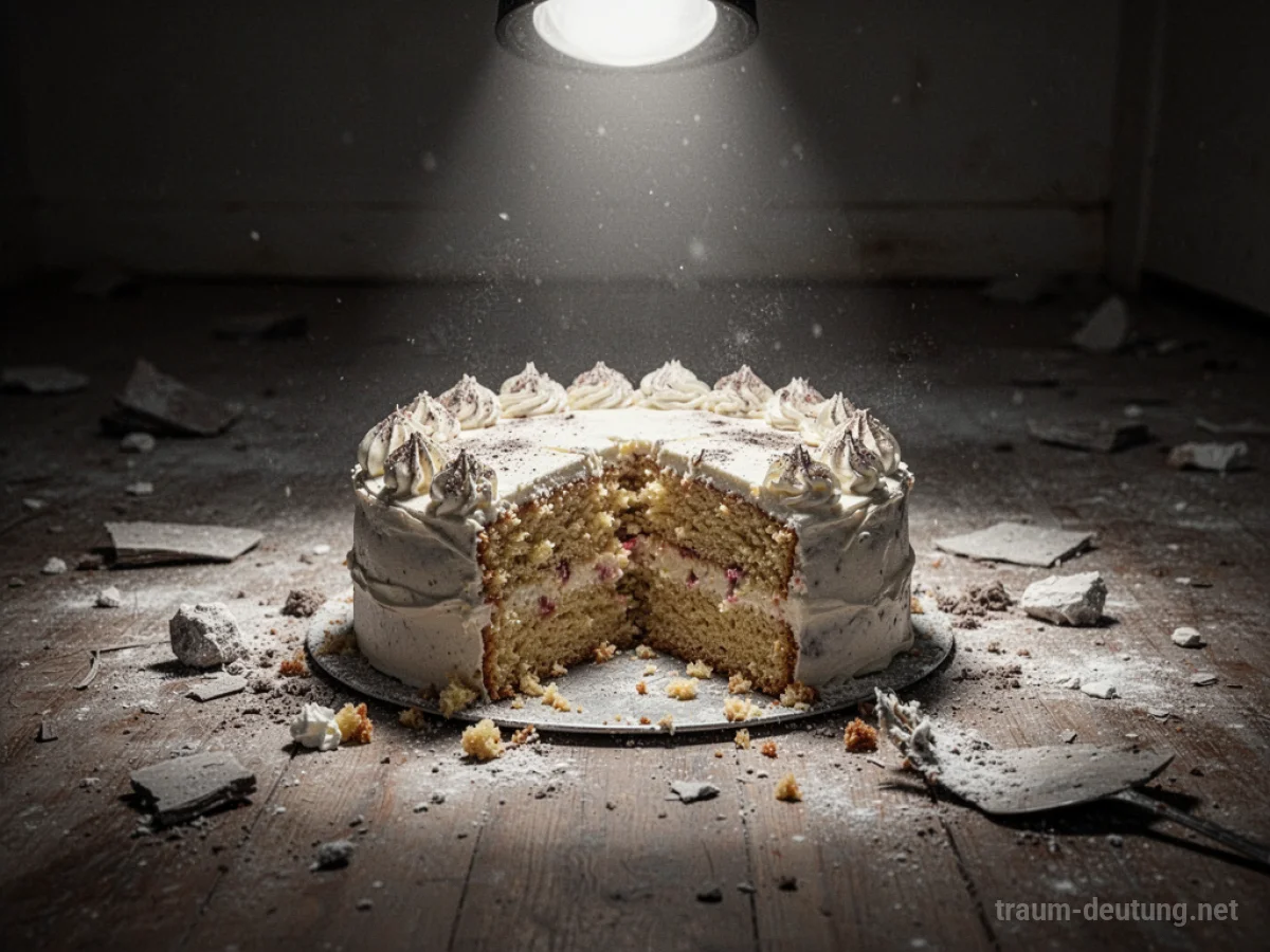 Ein verschmutzter Kuchen liegt auf dem Boden, beleuchtet von einem Lichtstrahl.