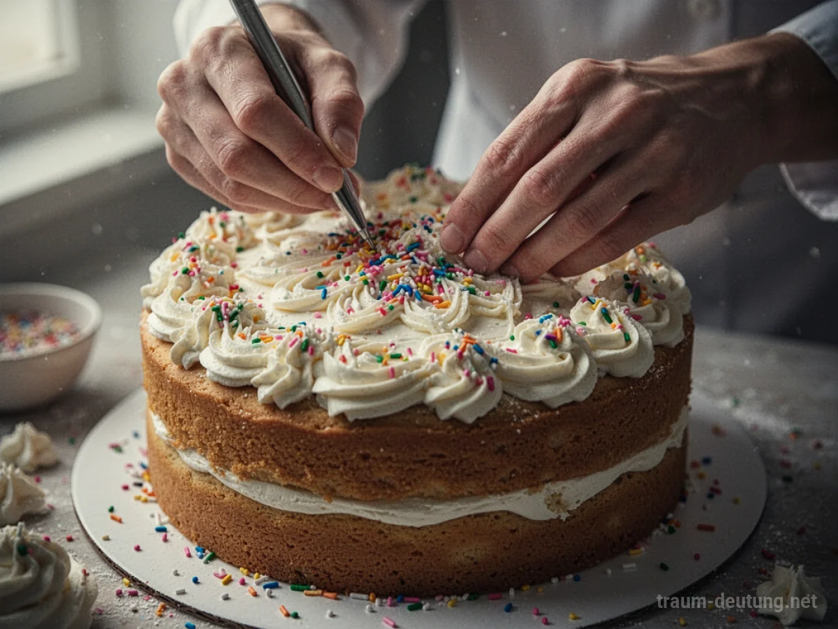 Hände dekorieren einen Kuchen mit Zuckerguss und Streuseln