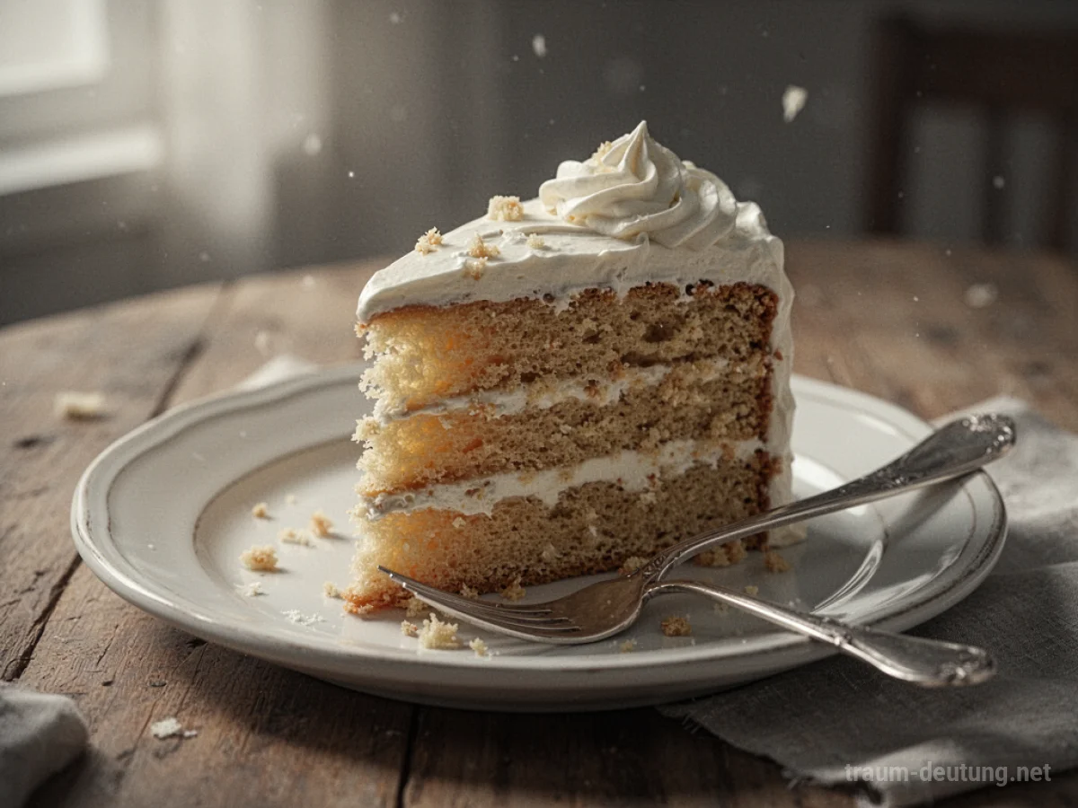 Ein Stück Kuchen auf einem Teller mit einer Gabel darauf.