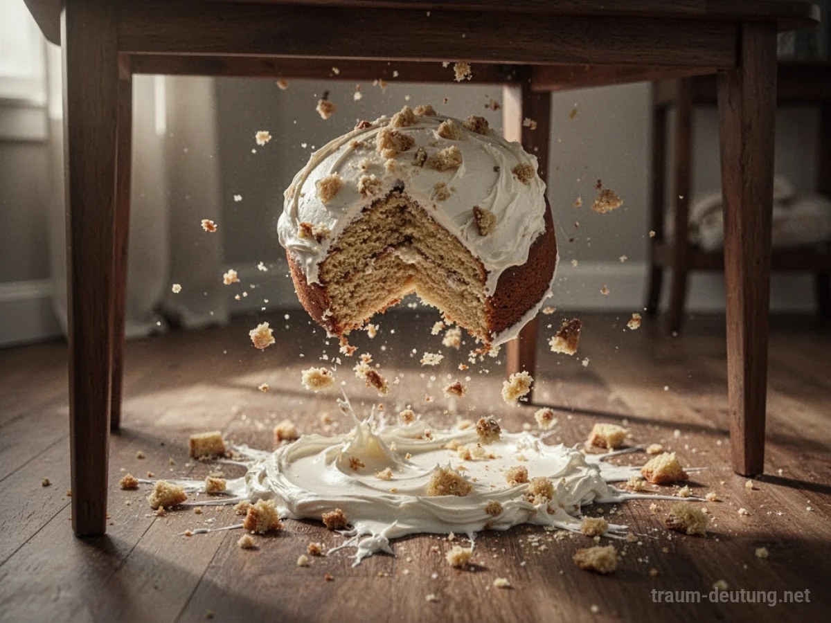 Ein Kuchen fällt vom Tisch und zerbricht auf dem Boden.