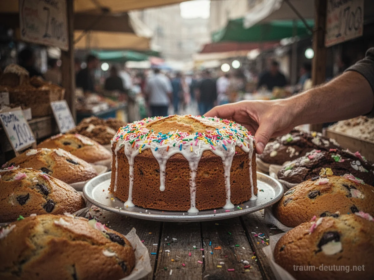Hand kauft verzierten Kuchen auf einem Markt
