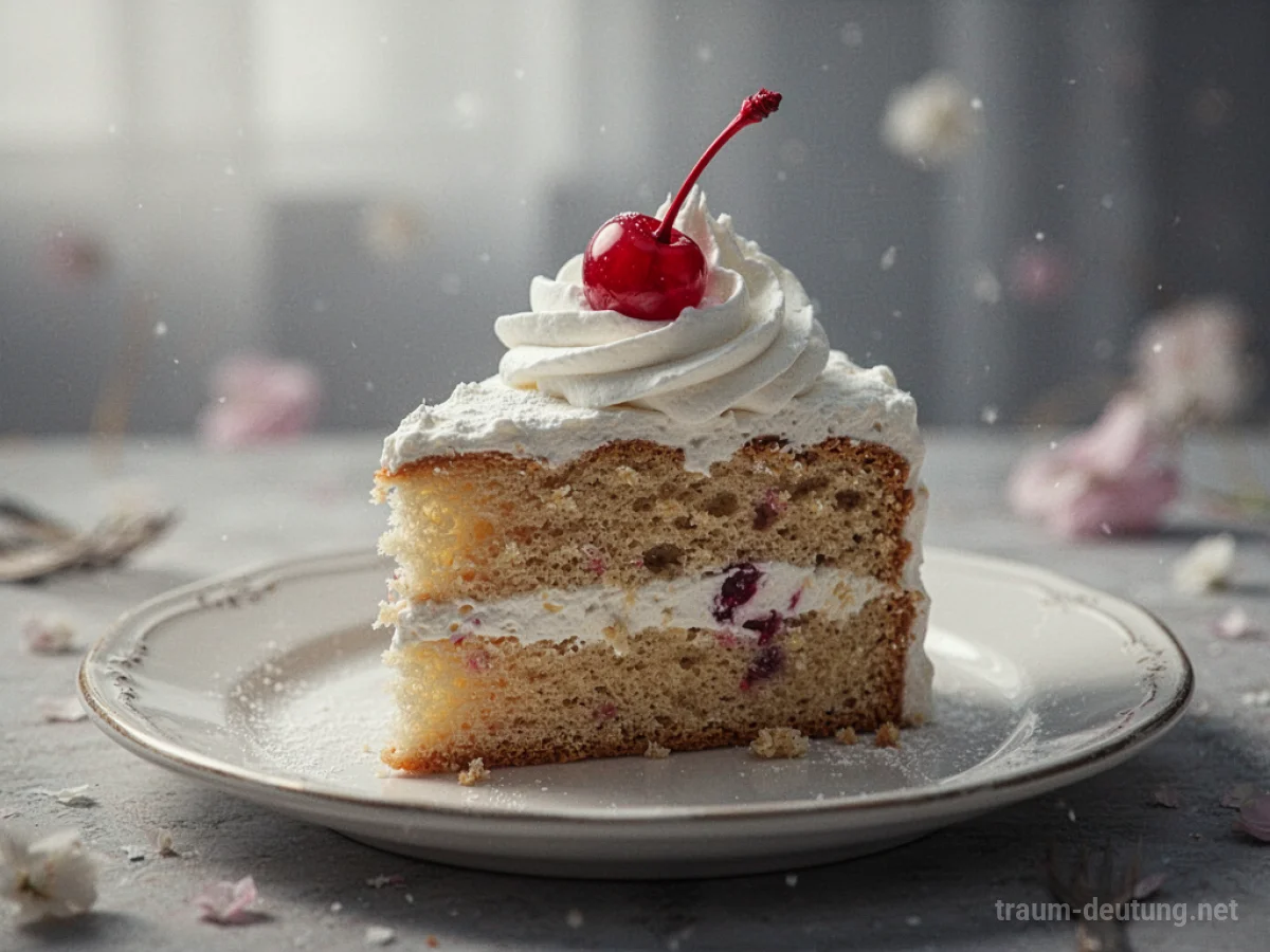 Ein Stück Kuchen mit Sahne und einer Kirsche auf einem Teller.
