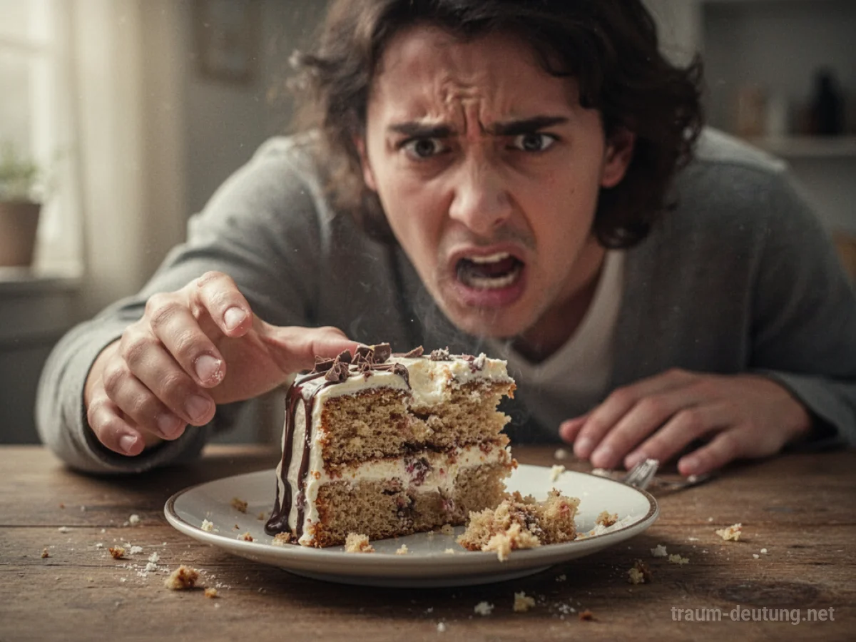 Hand greift nach einem Kuchenstück, das sie nicht erreichen kann.