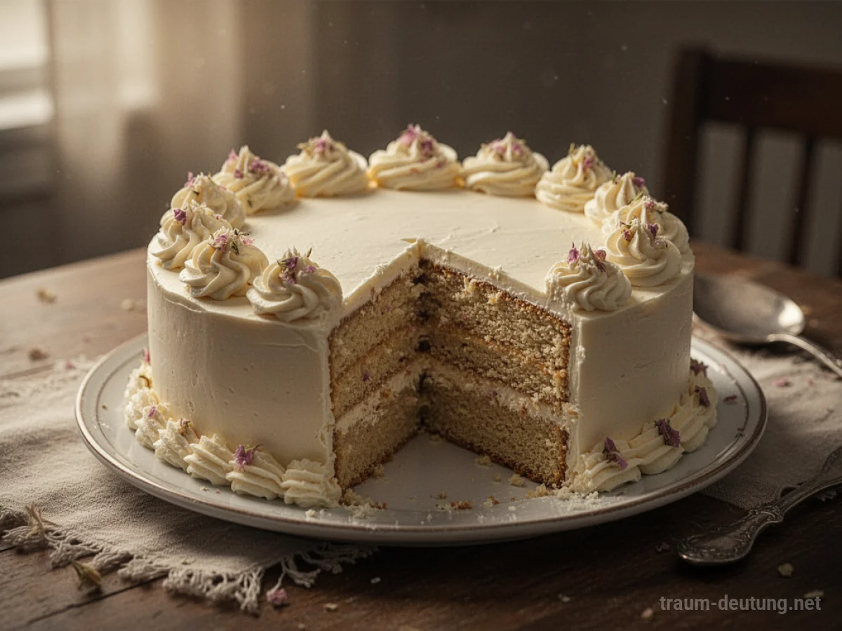 Ein Kuchen, dem ein Stück fehlt, auf einem festlich gedeckten Tisch