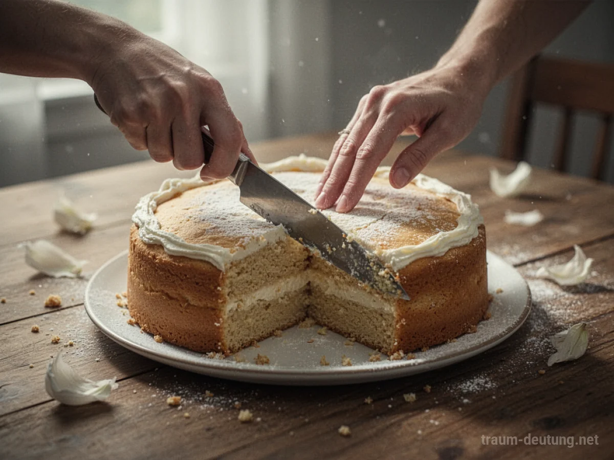 Eine Hand schneidet einen Kuchen mit einem Messer.