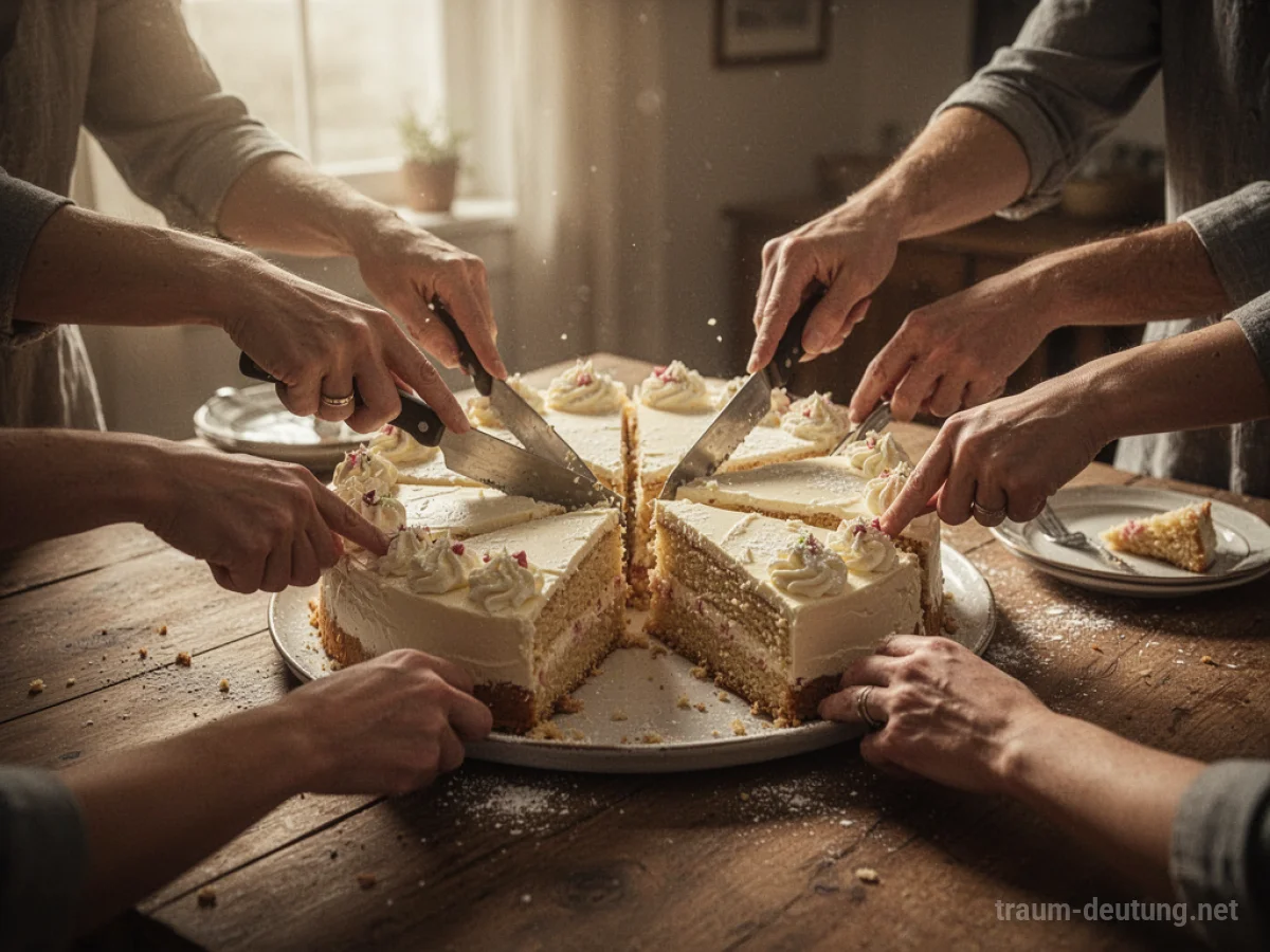 Hände teilen einen Kuchen auf einem Tisch