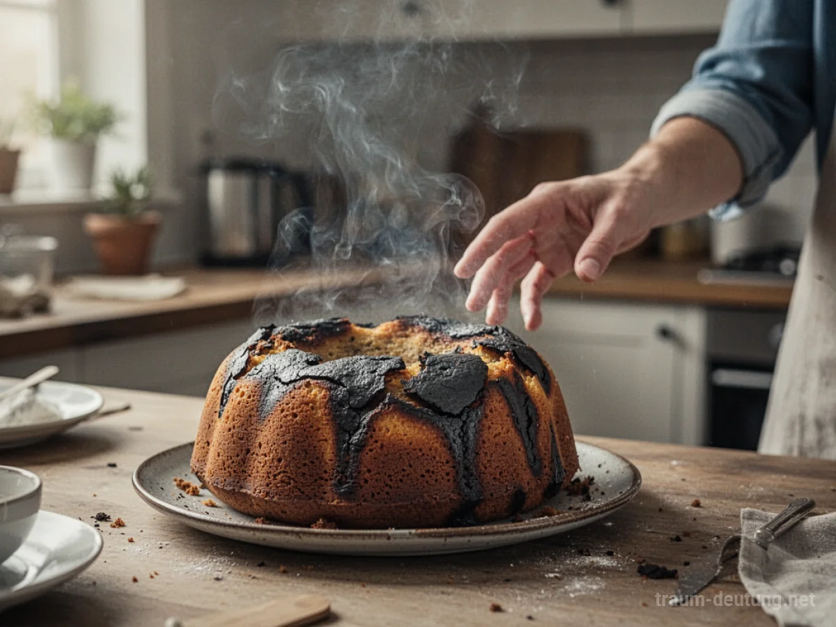 Ein leicht verbrannter Kuchen auf einer Küchentheke mit aufsteigendem Rauch.