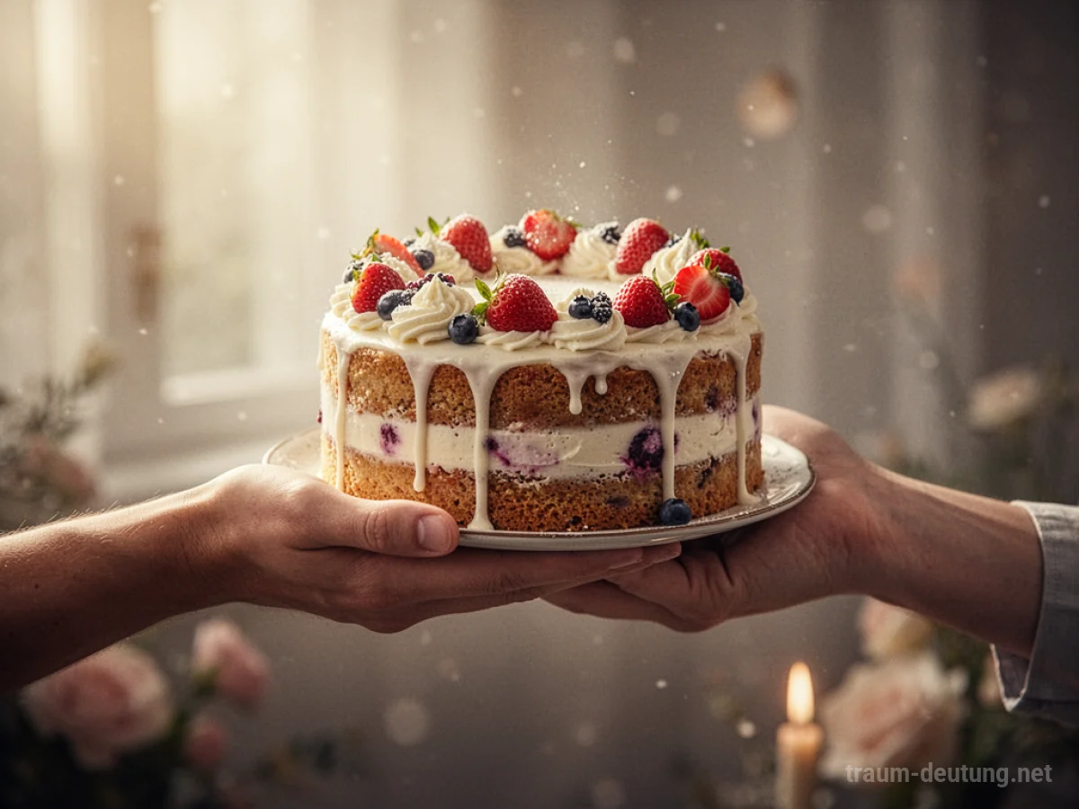 Hand reicht Kuchen als Geschenk an eine andere Hand.
