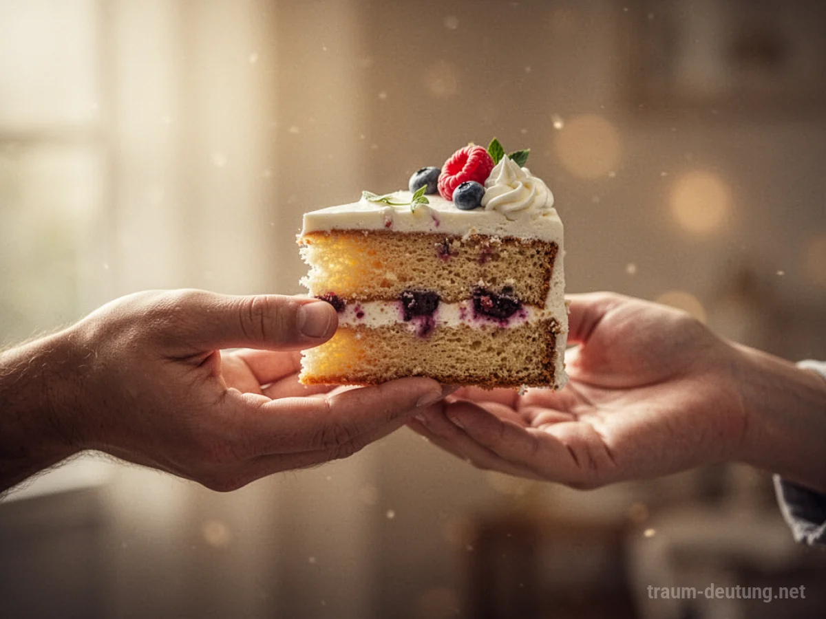 Eine Hand reicht ein Kuchenstück an eine andere Hand weiter.