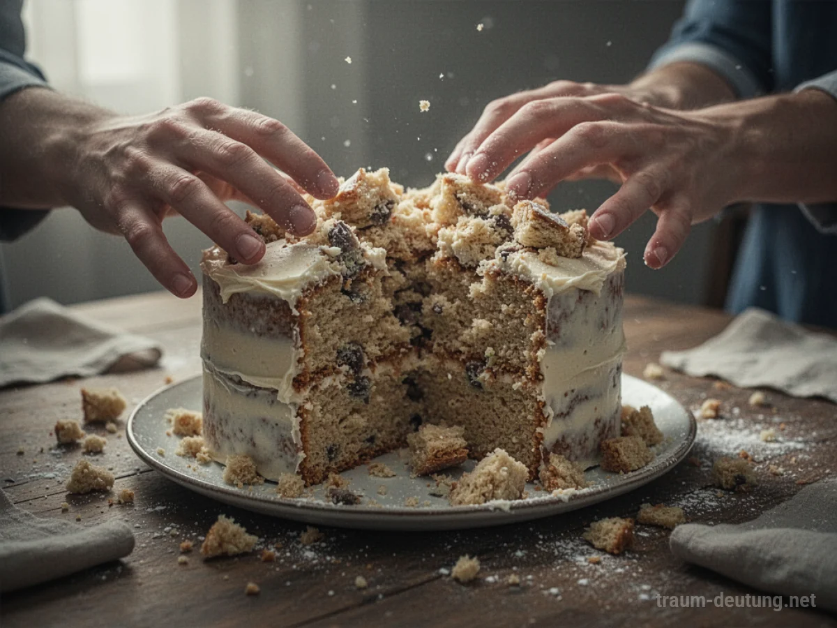 Ein zerbrochener Kuchen auf einem Tisch, eine Hand zögert davor.