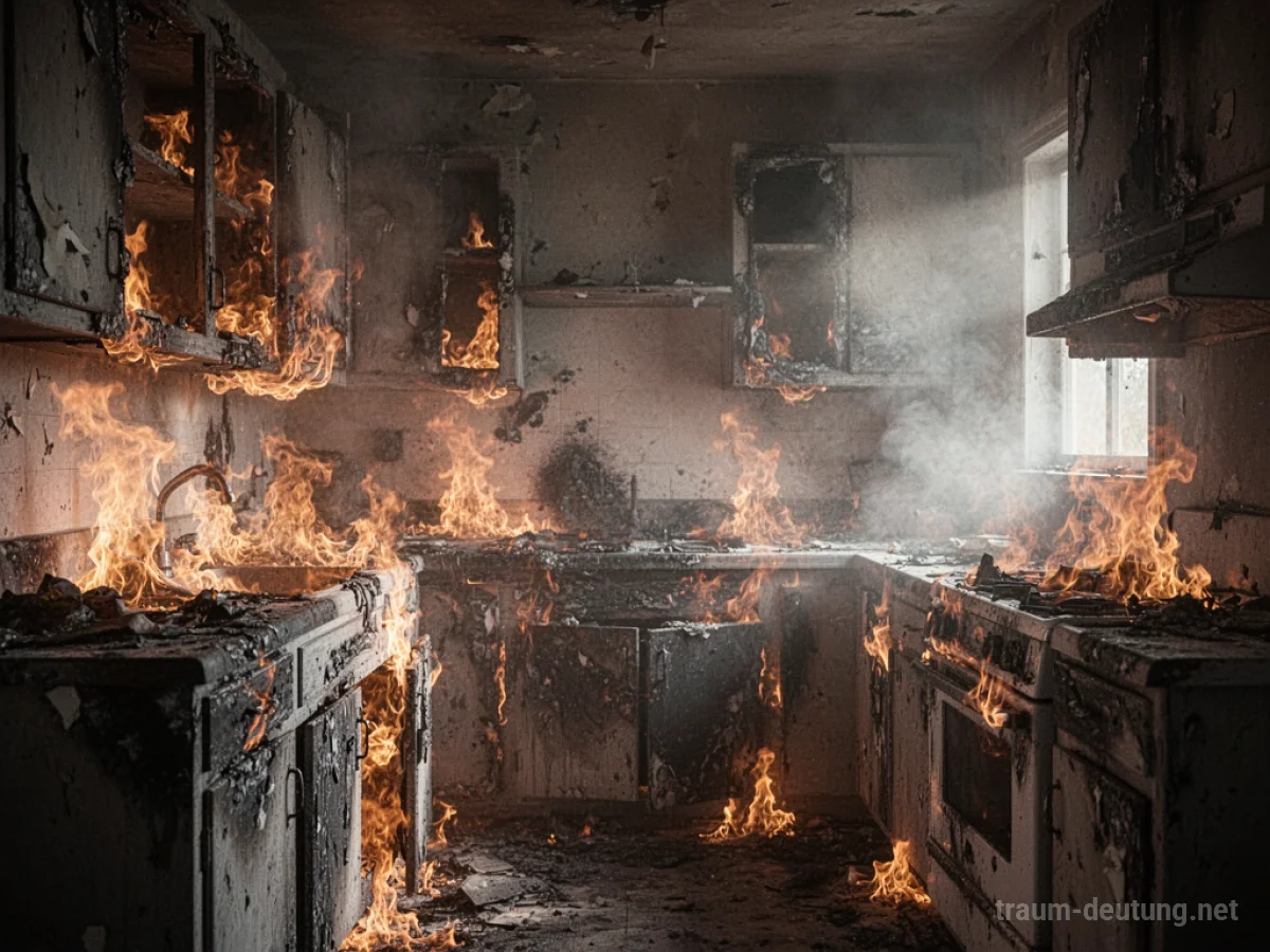 Brennende Küche mit Flammen und Rauch