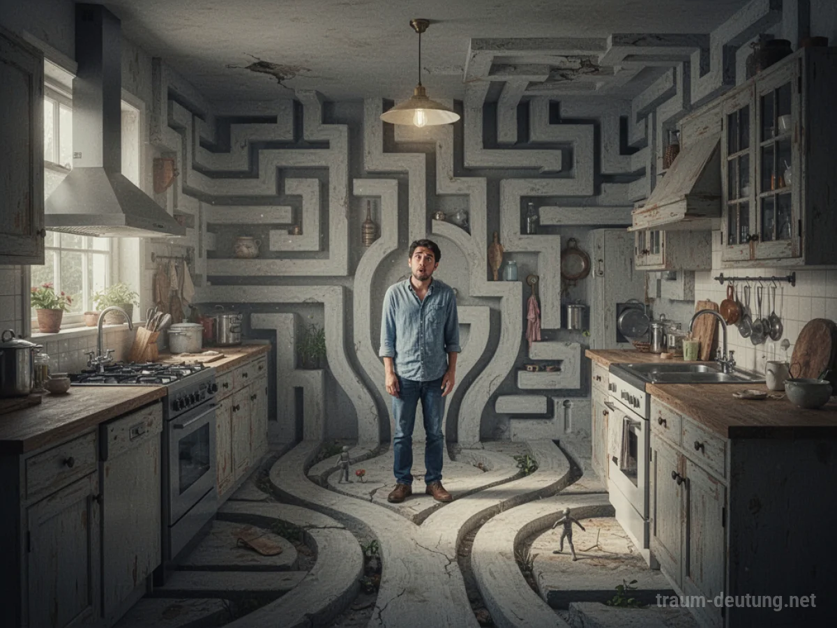 Eine Küche, die wie ein Labyrinth gestaltet ist, mit einer verwirrten Person am Eingang.