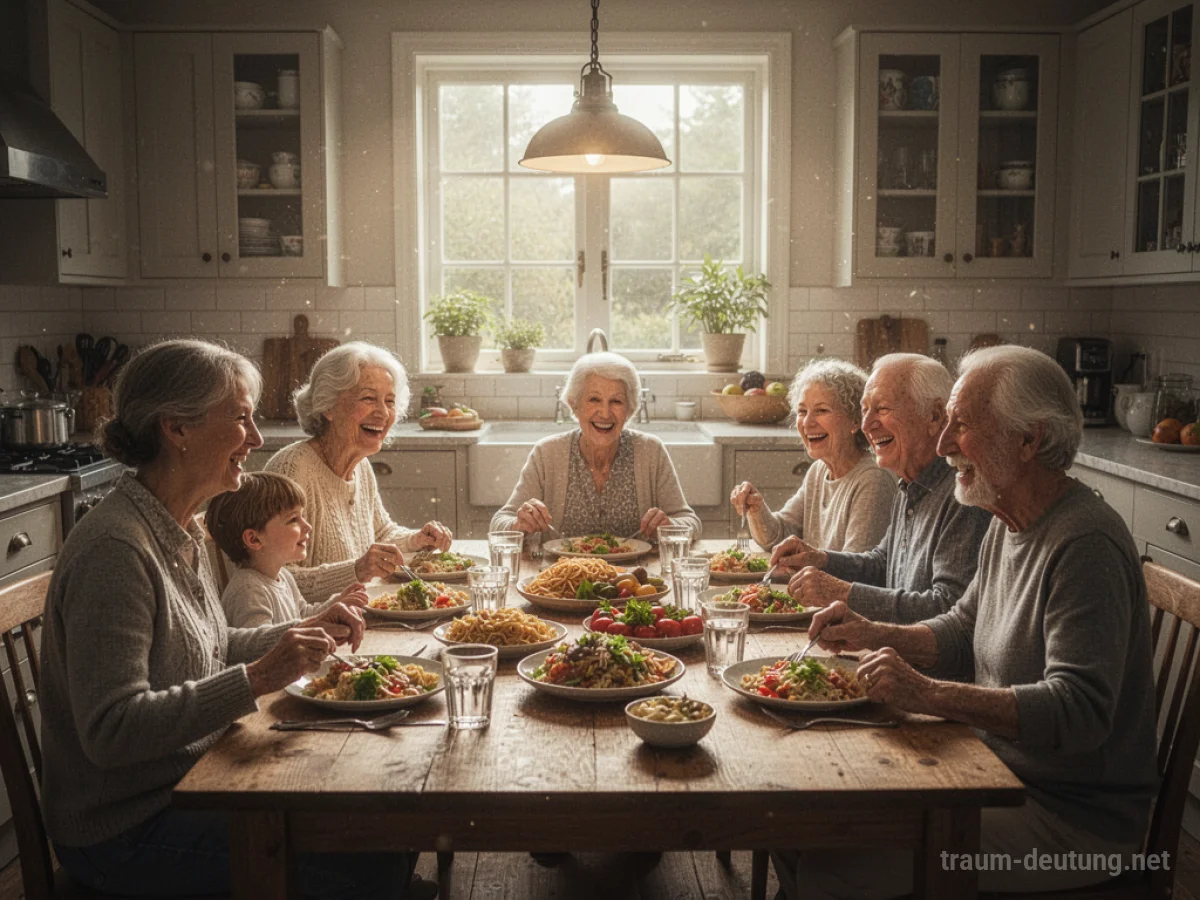 Eine Küche voller lachender Familienmitglieder beim Essen