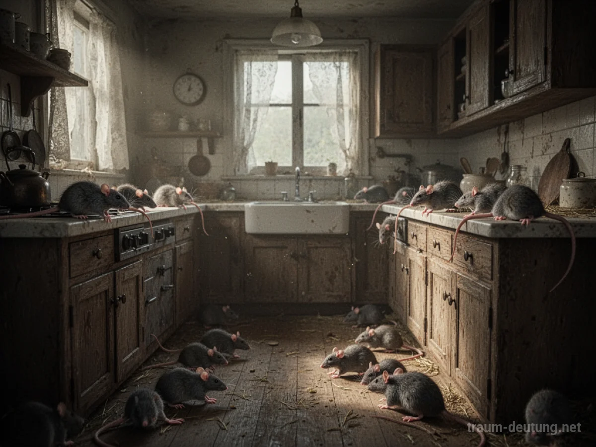 Eine düstere Küche, in der viele Ratten über Arbeitsflächen und Boden huschen.