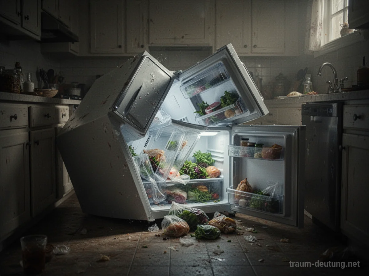Umgefallener Kühlschrank in einer dunklen Küche