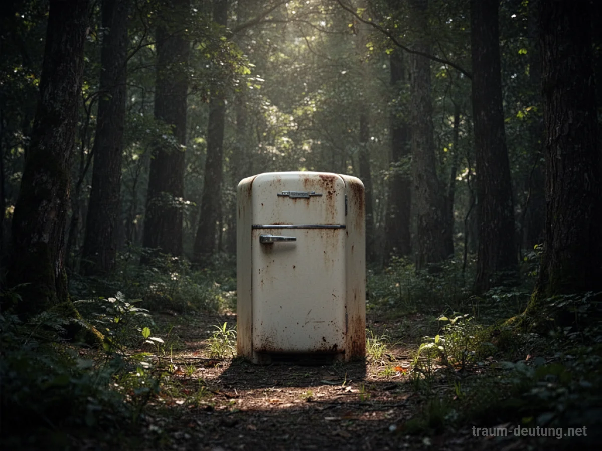 Ein alter Kühlschrank steht allein in einem dunklen Wald.