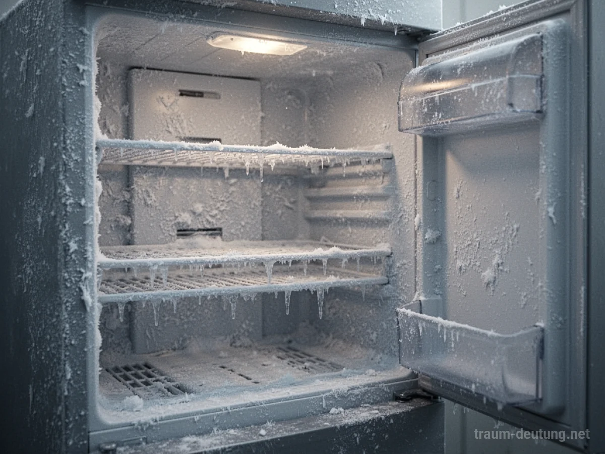 Ein Kühlschrank, dessen Innenraum vollständig mit Eis bedeckt ist.