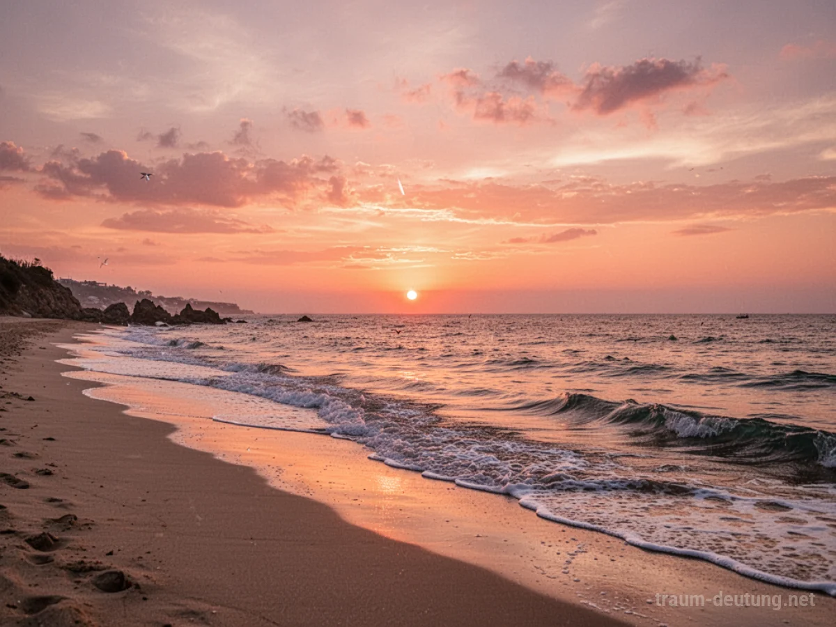 Eine ruhige Küste im warmen Licht eines Sonnenuntergangs mit sanften Wellen am Strand.