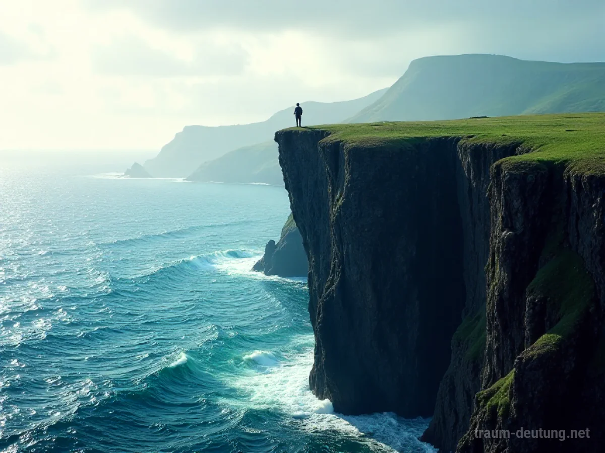 Eine Küste, die ins Meer abbricht, mit einer Person, die Abstand hält.