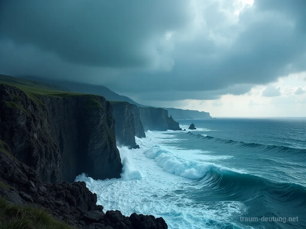 Eine stürmische Küste mit aufgewühlter See und dunklen Wolken