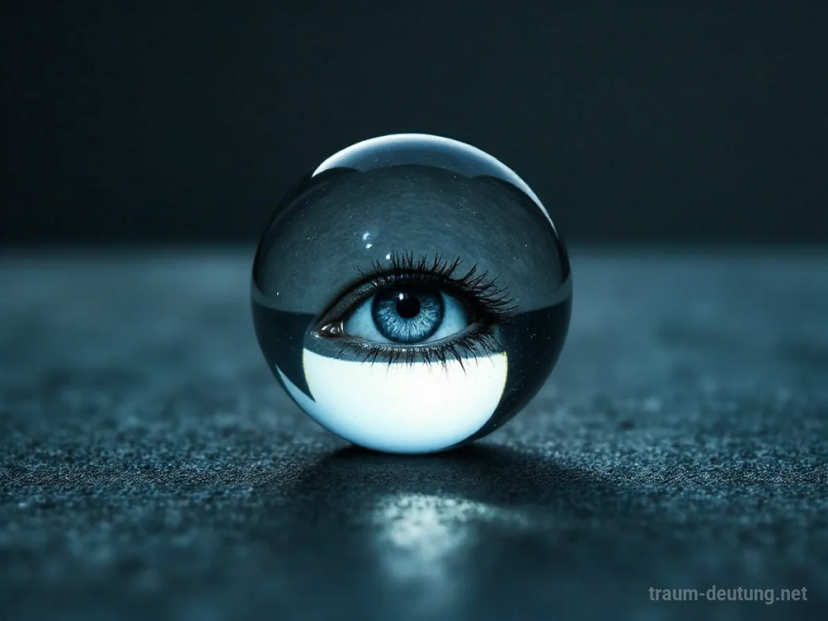 Eine Glaskugel mit einem gespiegelten Auge in ihrer Oberfläche auf dunklem Grund.