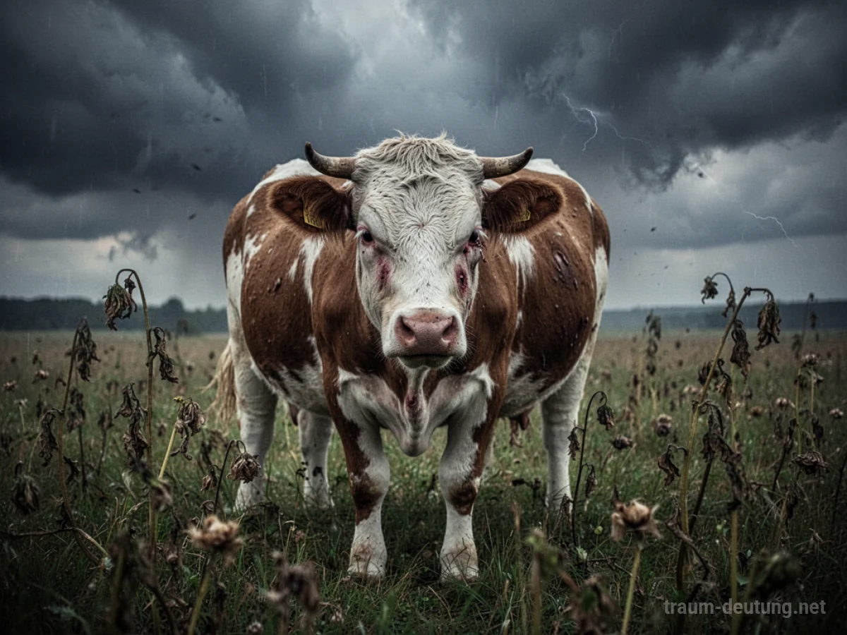 Eine Kuh in einem Feld, umgeben von Symbolen für inneren Schmerz.