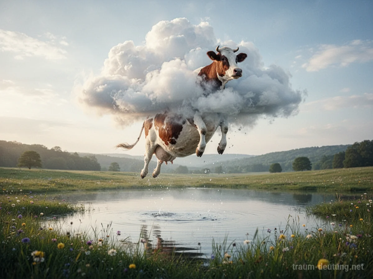 Eine Kuh fällt sanft von einer Wolke auf eine grüne Wiese.