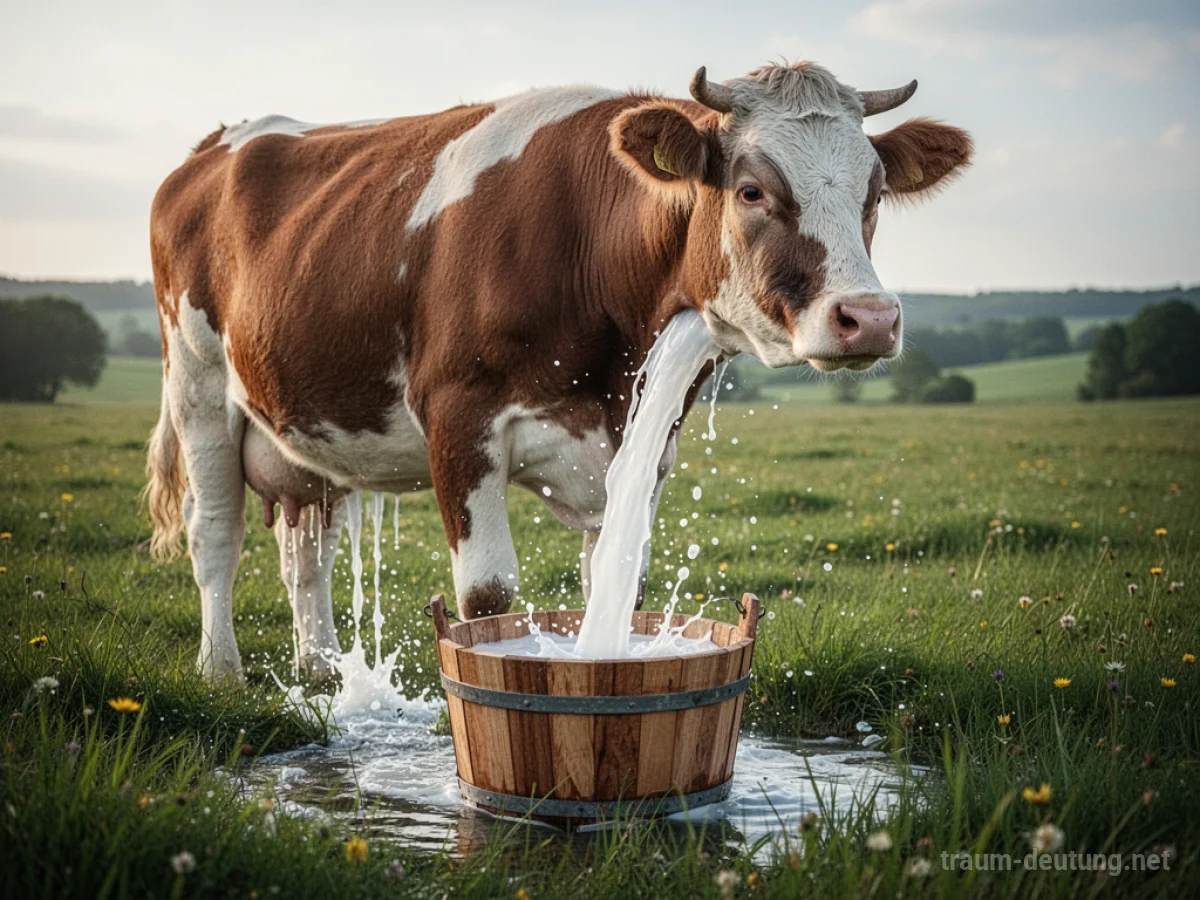 Eine Kuh steht auf einer grünen Wiese und gibt reichlich Milch in einen Eimer.