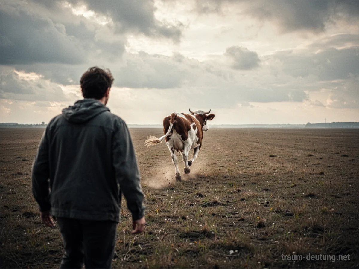 Eine Kuh rennt auf einem Feld davon. Die Person schaut ihr nach.