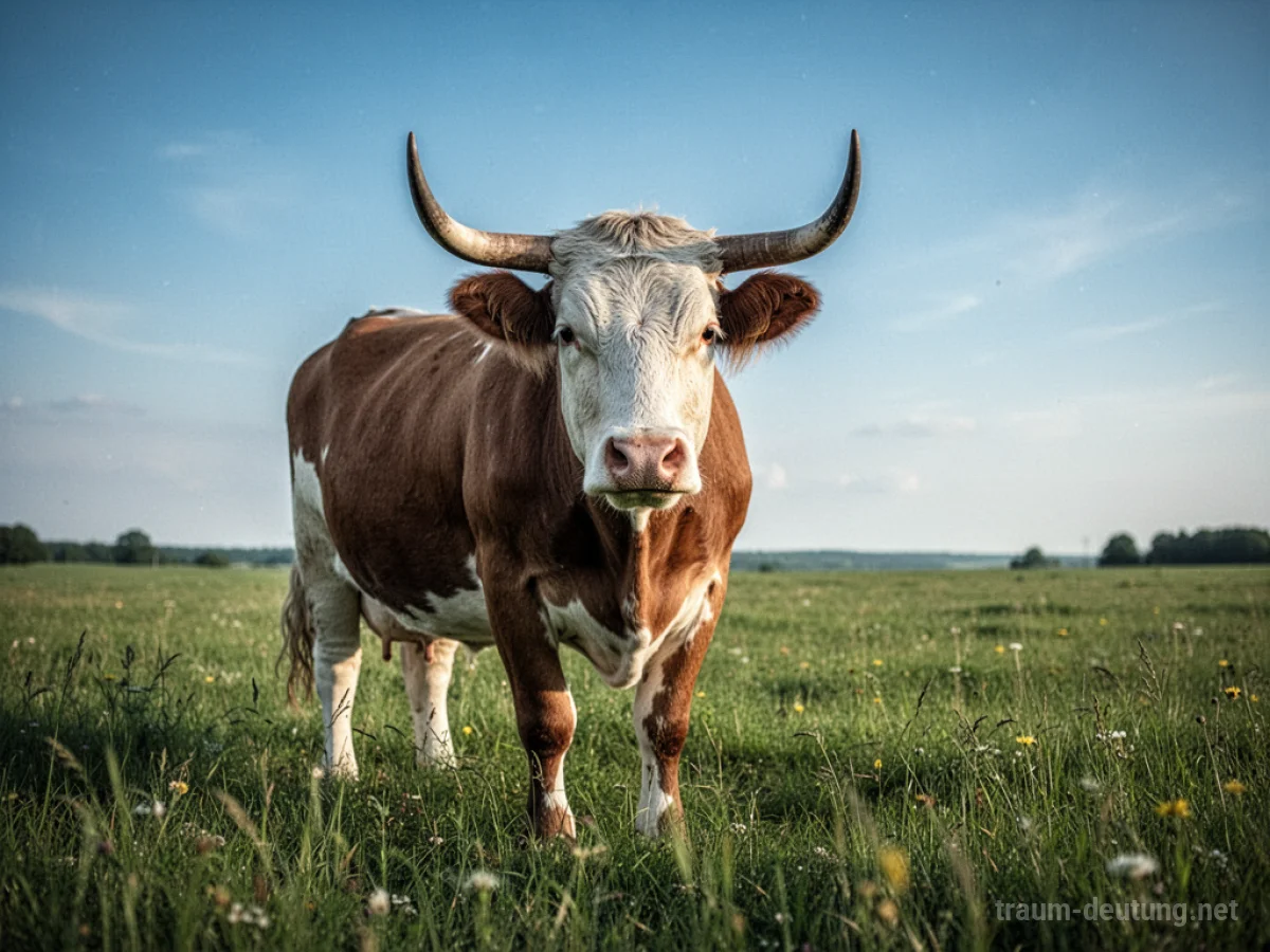 Eine Kuh mit Hörnern auf einer grünen Wiese.