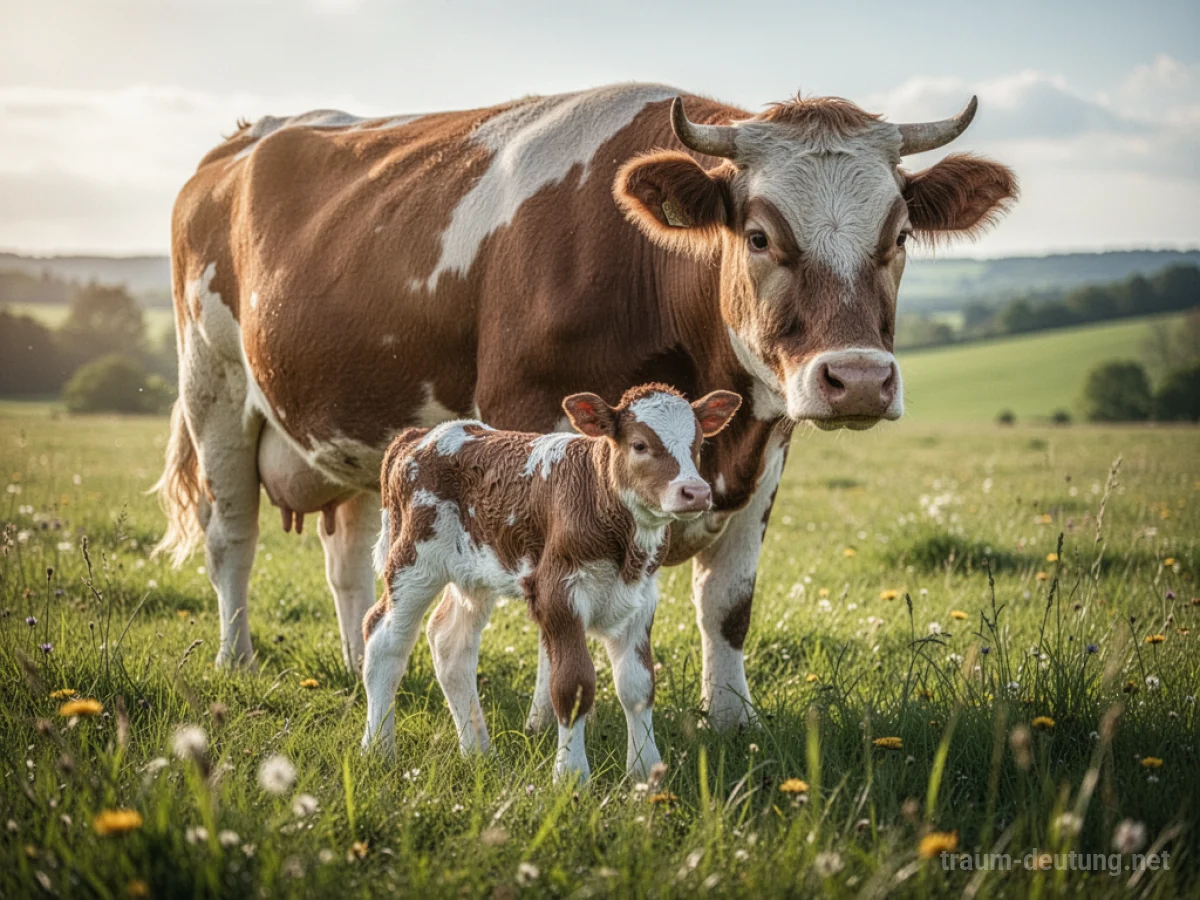 Eine friedliche Kuh schützt ihr neugeborenes Kalb auf einer grünen Wiese.