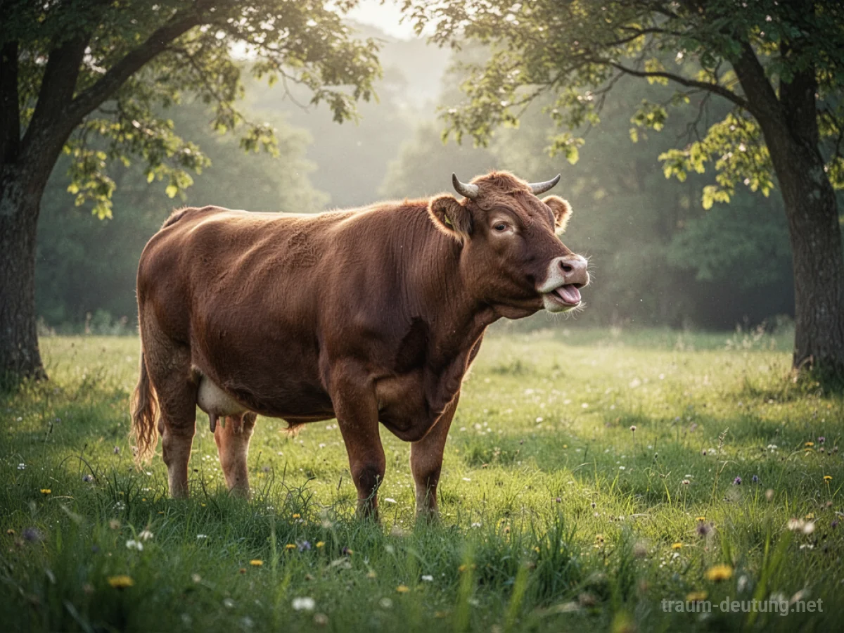 Eine braune Kuh steht auf einer grünen Wiese und muht.