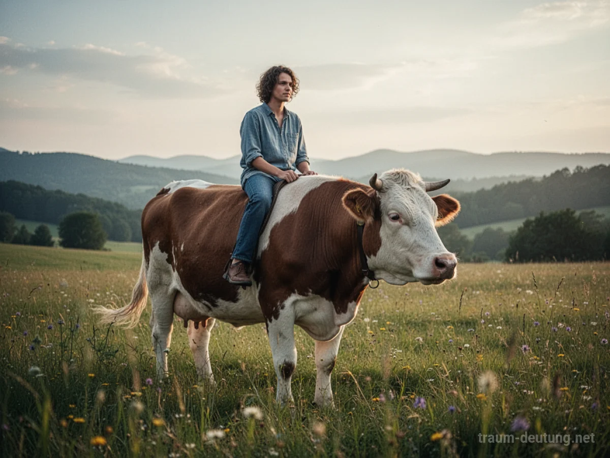 Eine Person reitet auf dem Rücken einer Kuh durch eine grüne Wiese.