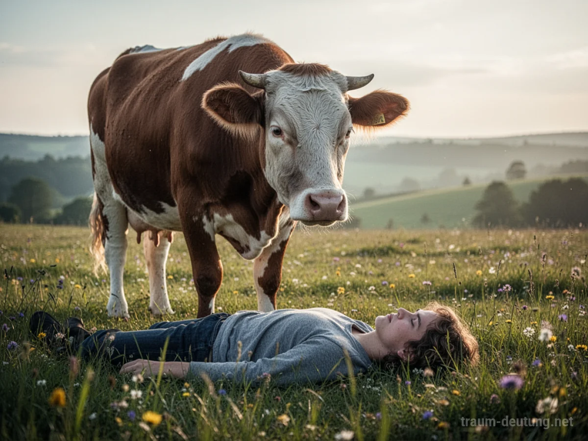 Eine Kuh beschützt eine Person auf einer Wiese.