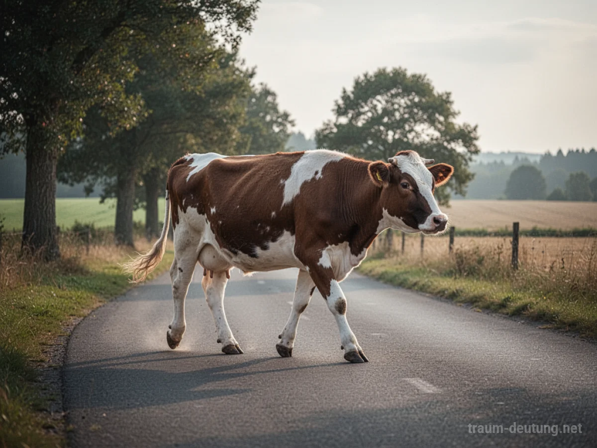 Eine Kuh überquert eine Straße in ländlicher Umgebung.