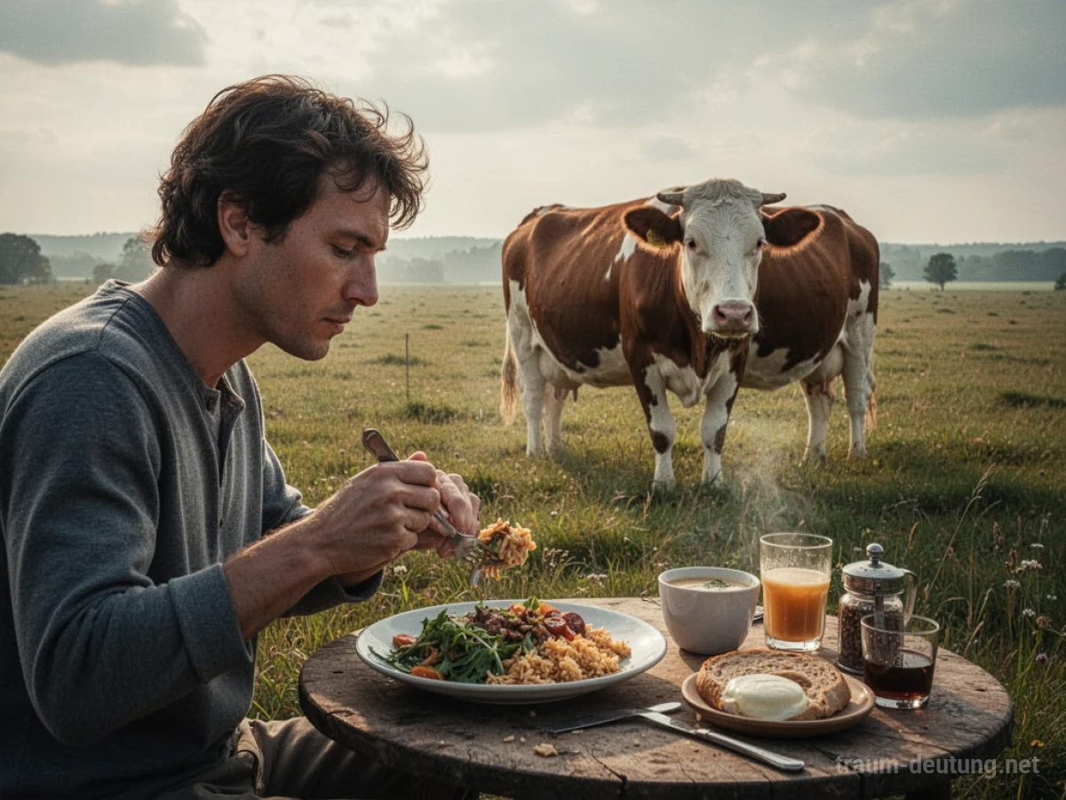 Eine Person isst eine Mahlzeit, im Hintergrund steht eine ruhige Kuh auf einer Weide.
