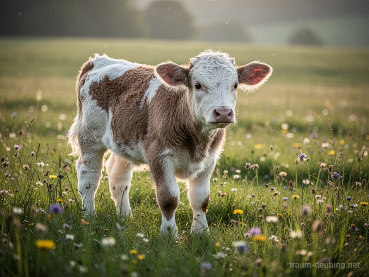 Ein kleines, flauschiges Kuhkalb steht auf einer sonnigen grünen Wiese.
