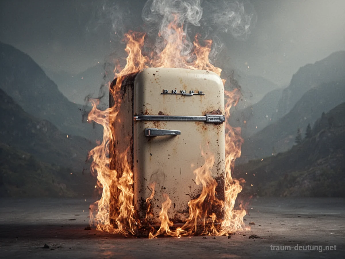Ein brennender Kühlschrank im Traum, mit Flammen und Rauch über einer dunklen Oberfläche.