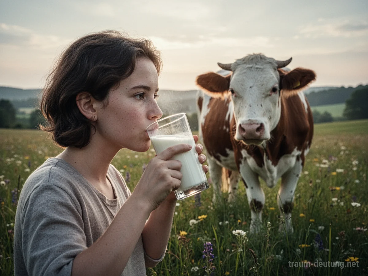 Jemand trinkt Milch aus einem Glas, Kuh im Hintergrund auf einer Wiese.