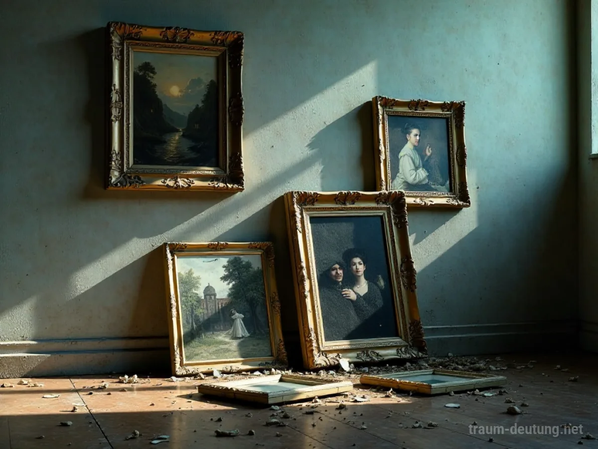 Gerahmte Kunstwerke fallen von einer Wand zu Boden.