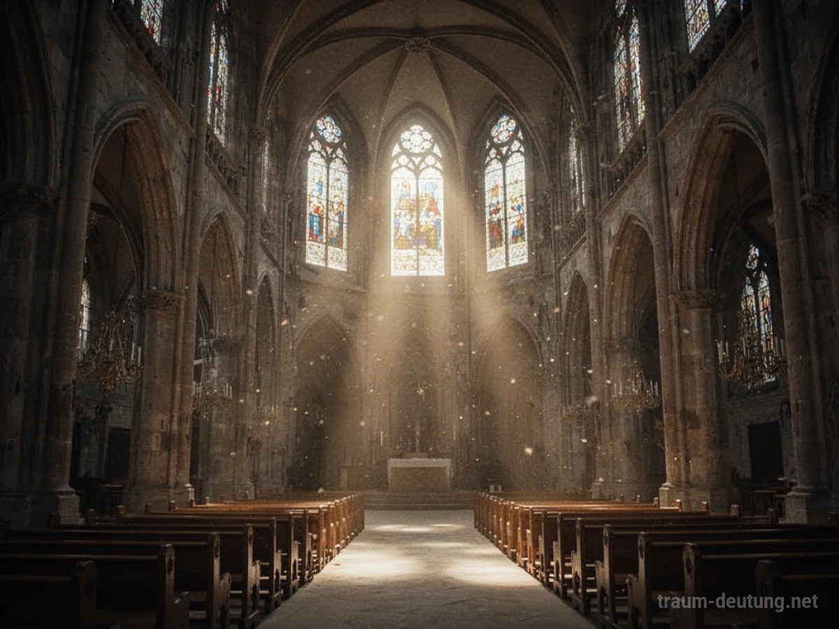 Eine leere, große Kirche im Inneren mit Lichtstrahlen, die durch die Fenster fallen.