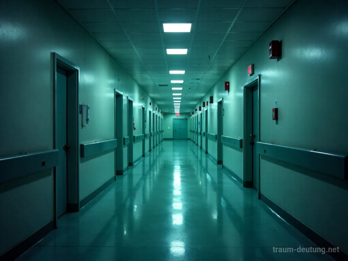 Leerer Klinikflur mit gedimmtem Licht