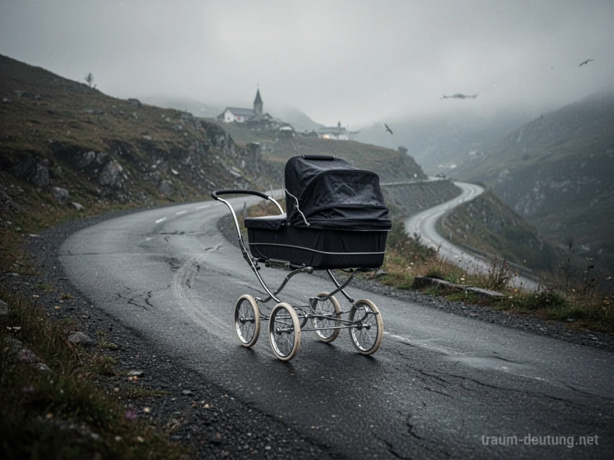Ein leerer Kinderwagen wird mühsam einen steilen Bergpfad hinaufgeschoben.