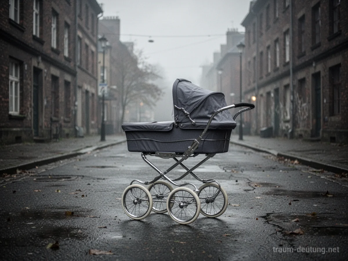 Ein leerer Kinderwagen steht allein auf einer verlassenen Straße.