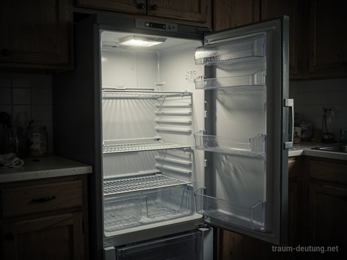 Ein leerer Kühlschrank in einer dunklen Küche.