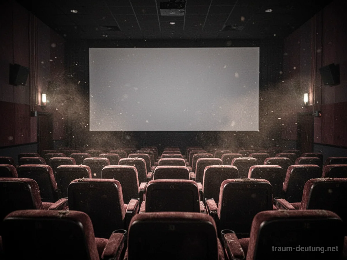 Leeres Kino mit vielen Sitzreihen und einer dunklen Leinwand