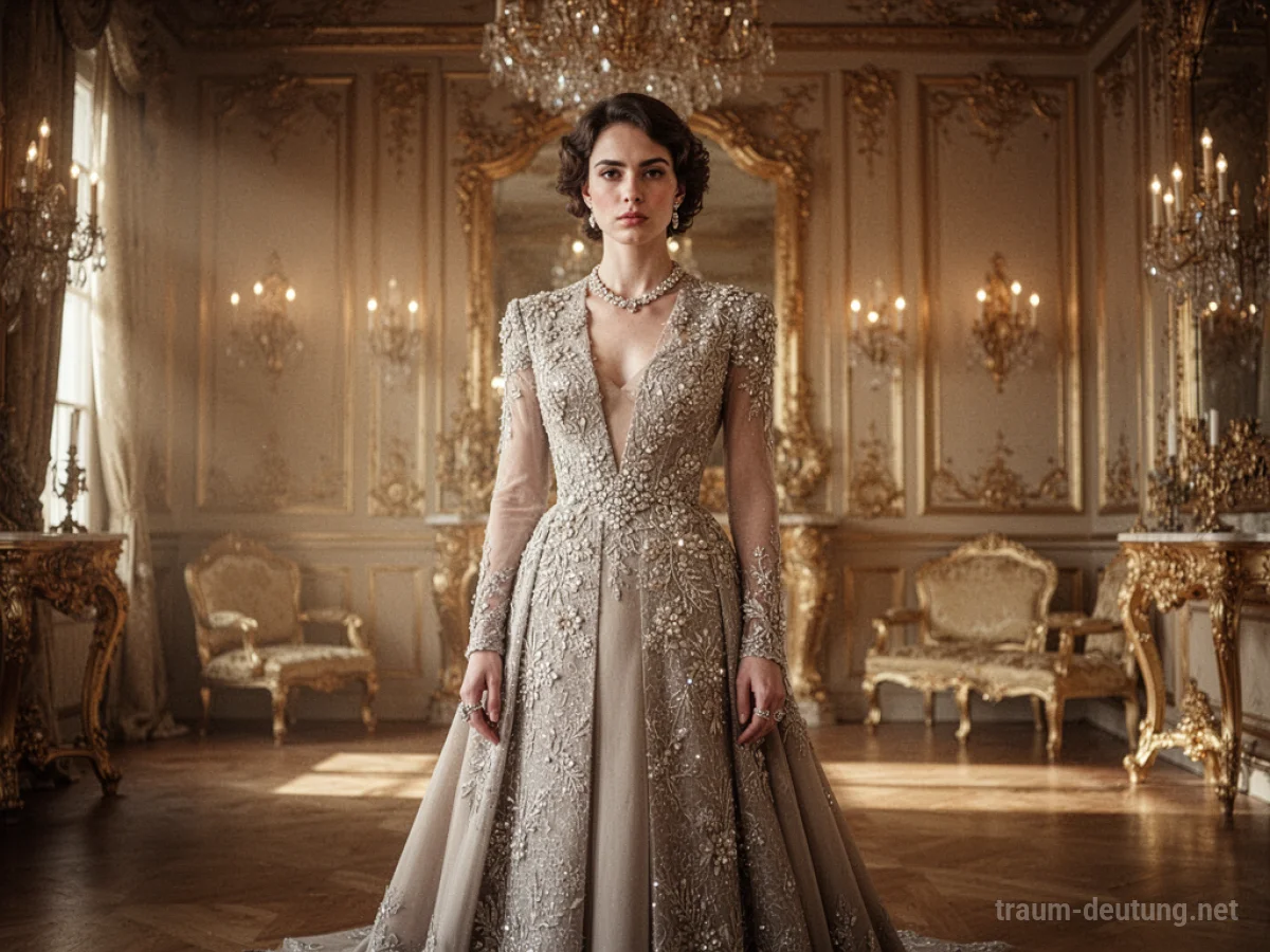 Eine Person in luxuriöser Kleidung in einem opulenten Raum.