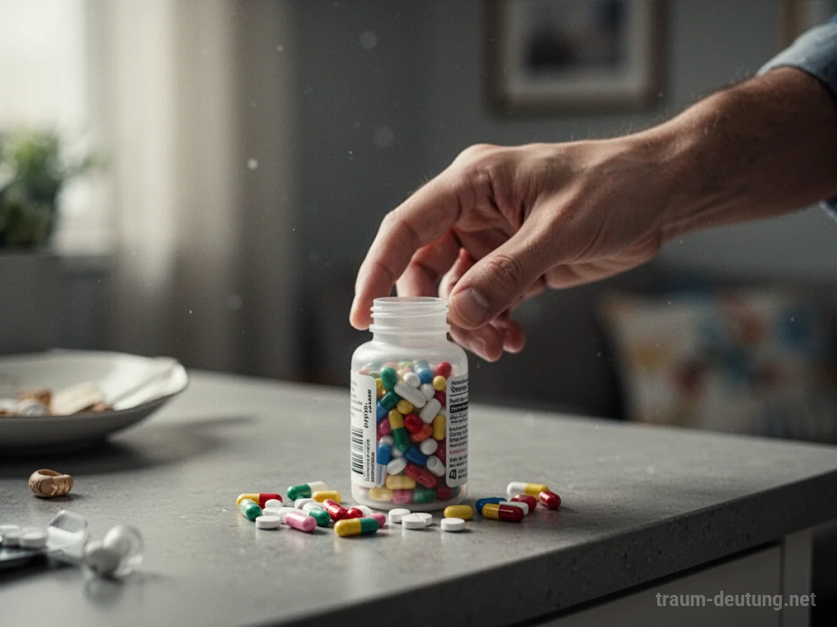 Hand greift nach Medikamentenflasche auf einem Tisch.