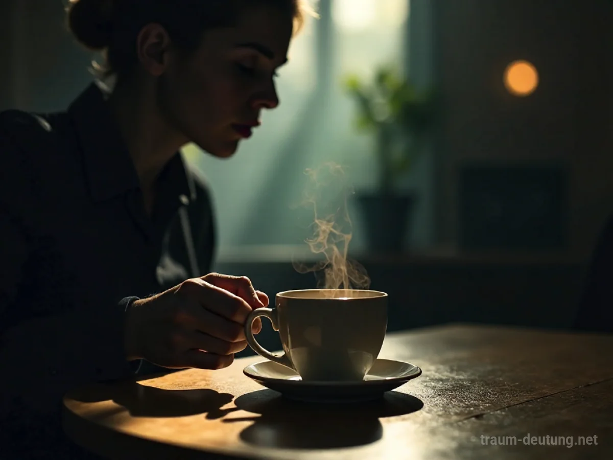 Schattenhafte Hand greift nach einer dampfenden Kaffeetasse auf einem Tisch.